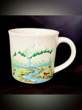 Vintage Otagiri Coffee Mug Mountains River Birds Multicolor Japan Cup